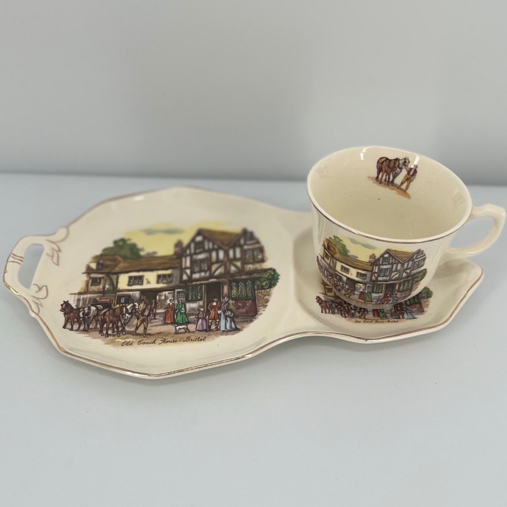 Royal Tudor Ware Old Coach House Bristol Snack Set Ironstone England Vintage 50s